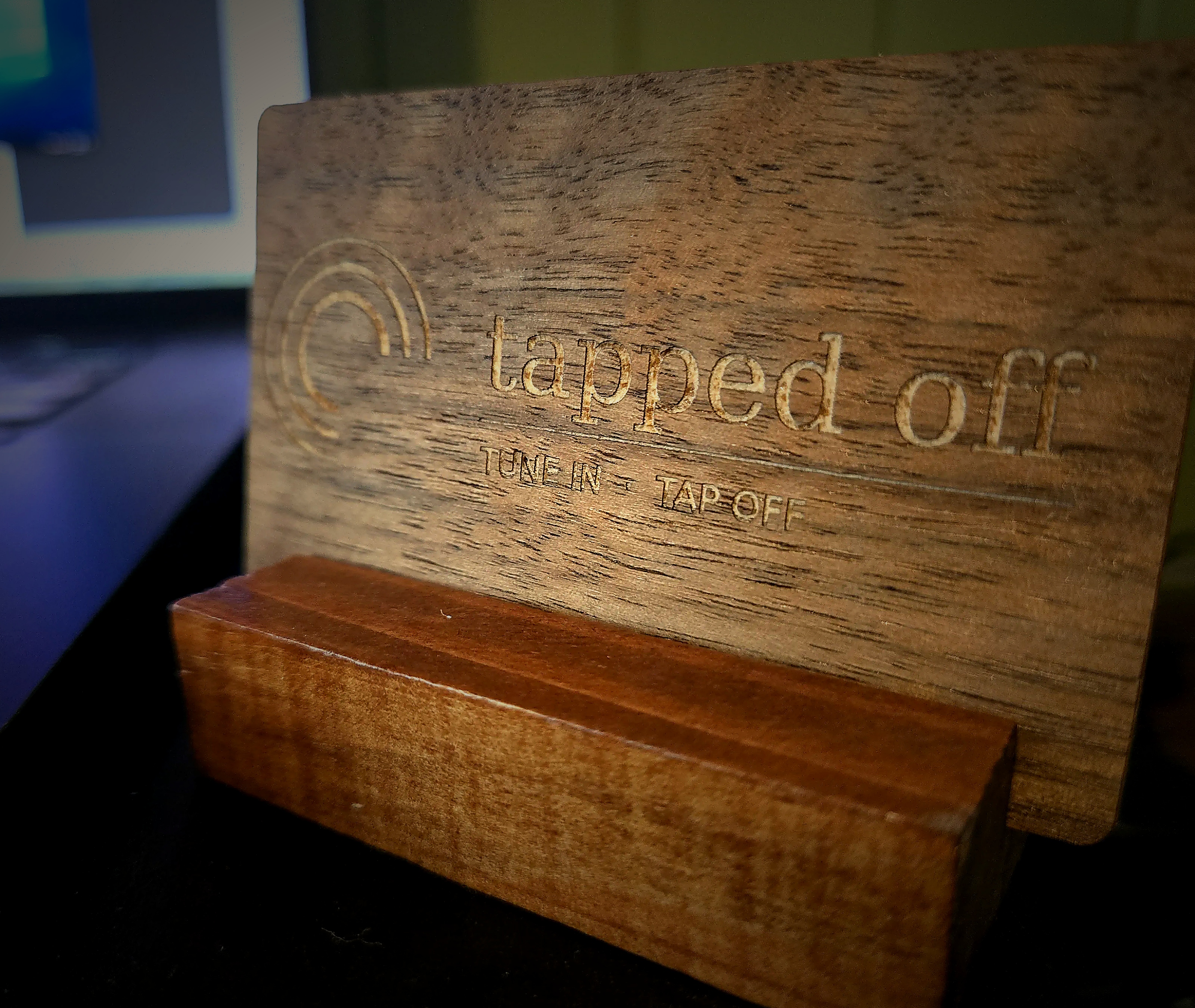 Tapped Off premium wooden NFC card in stand